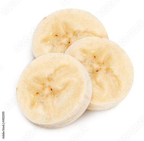 Isolated banana slices. Banana slice (cut) isolated on white, with clipping path