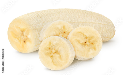Isolated banana. Peeled banana half with slices isolated on white, with clipping path