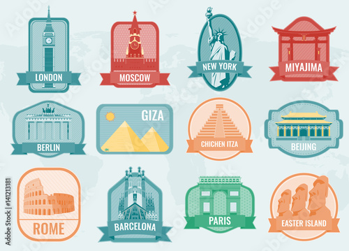 Famous monuments and landmarks collection labels. Travel and Tourism concept. Vector
