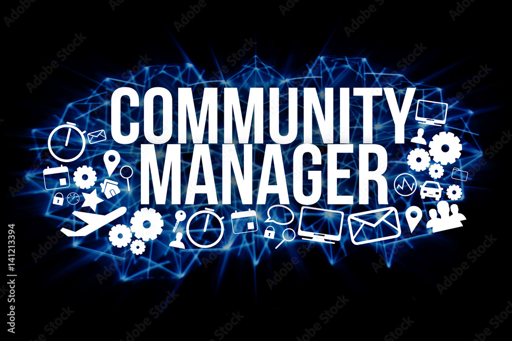 Community manager title isolated on a background and surounded by multimedia icons - Internet concept Community manager title isolated on a background and surounded by multimedia icons - Internet concept