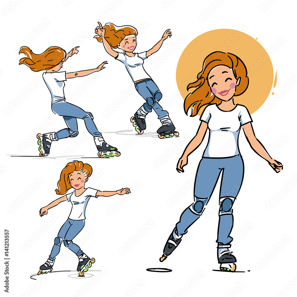 Girl riding on roller skates. Roller skating girl. Roller blading girl