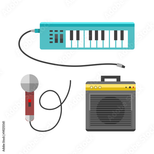 Vintage synthesizer musical equipment flat design vector illustration and classical white black musical keyboard sound instrument harmony art.