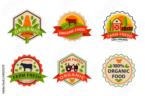 Flat style of bio organic eco healthy food label logo template and vintage vegan farm element in orange green color badge vector illustration.