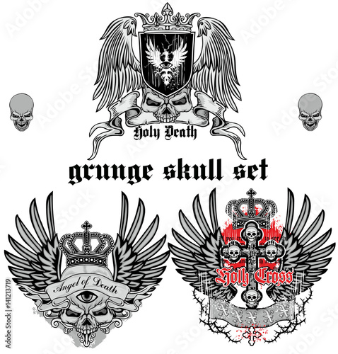 grunge skull coat of arms, skull set
