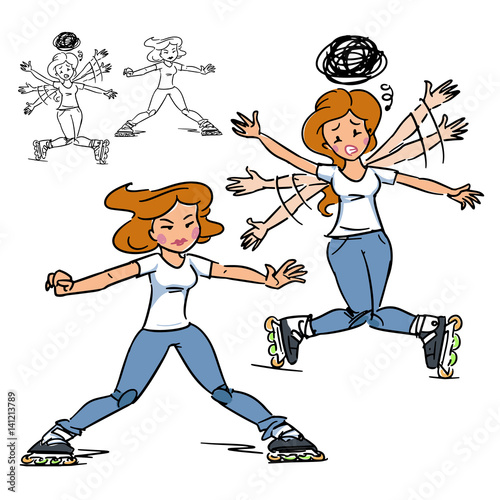 Roller skating girl. plow stop on inline skates. Braking technique on rollerblades