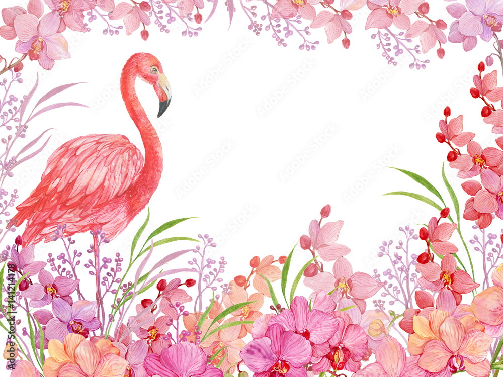 Fototapeta premium floral background bird pink Flamingo and Orchid