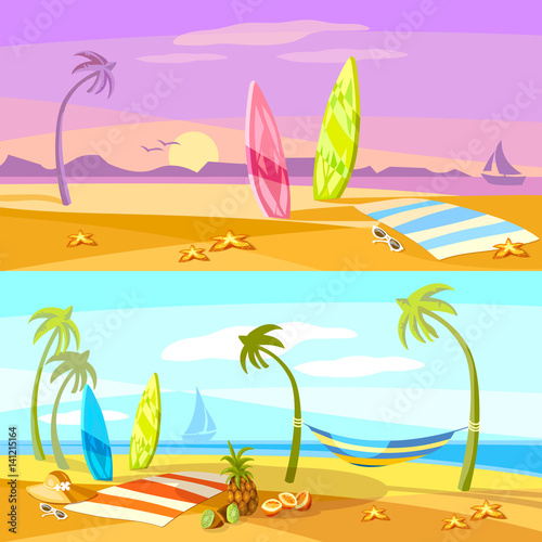 Summer holiday sunset beach scene vector cartoon. Set of vector summer travel banners
