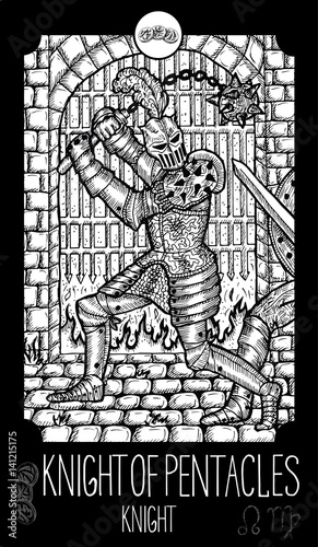 Knight of Pentacles. Knight. Minor Arcana Tarot card. Fantasy engraved illustration. See all collection in my portfolio set