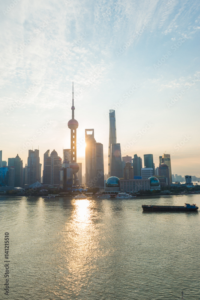Shanghai , China Skyline at sunrise. Oriental Pearl Tower and Huangpu River.