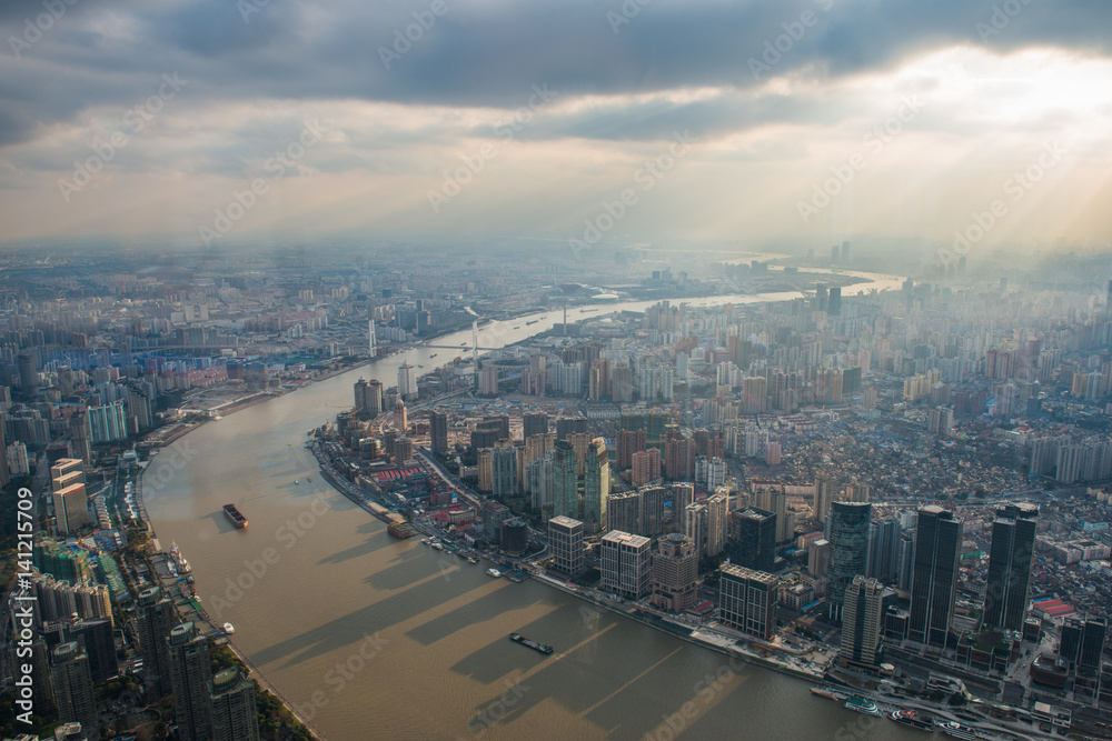 Obraz premium Puxi Buildings Skyscrapers Cityscape at haze sunset in Shanghai China