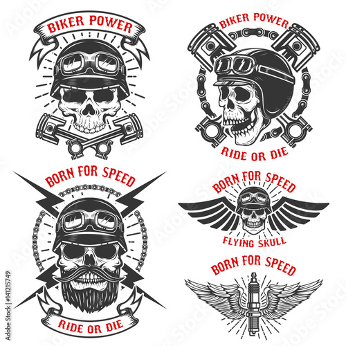 Born for speed. Set of the emblems with racer skulls. Biker club labels. Vector illustrations.