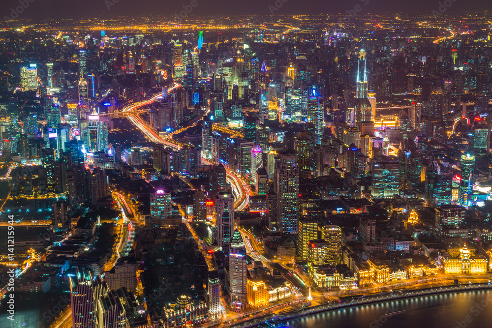 Shanghai neon night highway futuristic illuminated skyscrapers China