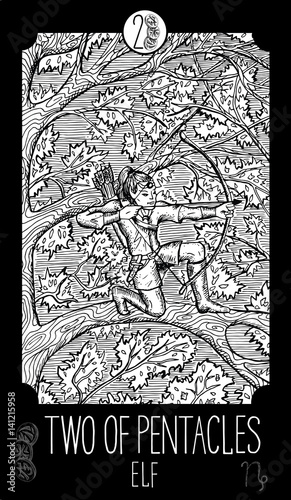 Two of Pentacles. Elf. Minor Arcana Tarot card. Fantasy engraved illustration. See all collection in my portfolio set