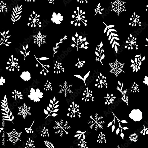 Fototapeta Naklejka Na Ścianę i Meble -  Seamless vintage winter pattern with hand drawn floral decorative elements