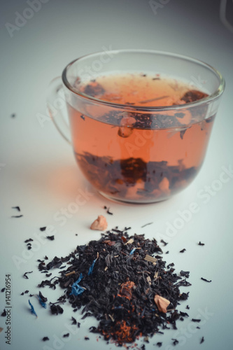 Top view of a cup hot tea.