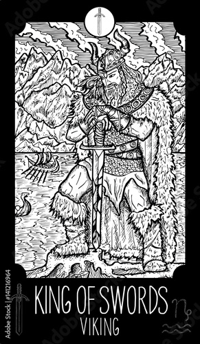 King of Swords. Viking. Minor Arcana Tarot card. Fantasy engraved illustration. See all collection in my portfolio set
