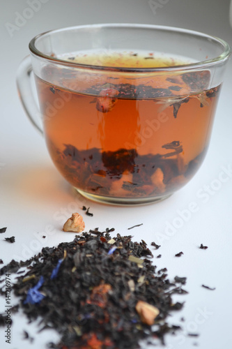 Top view of a cup hot tea.