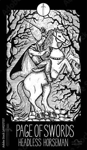 Page of Swords. Headless Horseman. Minor Arcana Tarot card. Fantasy engraved illustration. See all collection in my portfolio set © samiramay