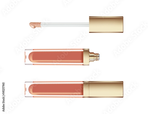 Lip gloss in elegant glass bottle with golden lid, closed and open container with brush, isolated on white background. Liquid lipstick.