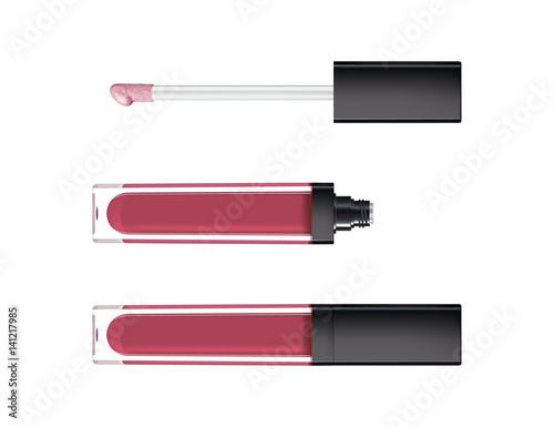 Lip gloss in elegant glass bottle with black lid, closed and open container with brush, isolated on white background. Liquid lipstick.
