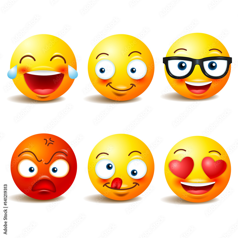 Smiley face icons or yellow emoticons with emotional funny faces in  realistic . emojis .Vector illustration Stock Illustration | Adobe Stock