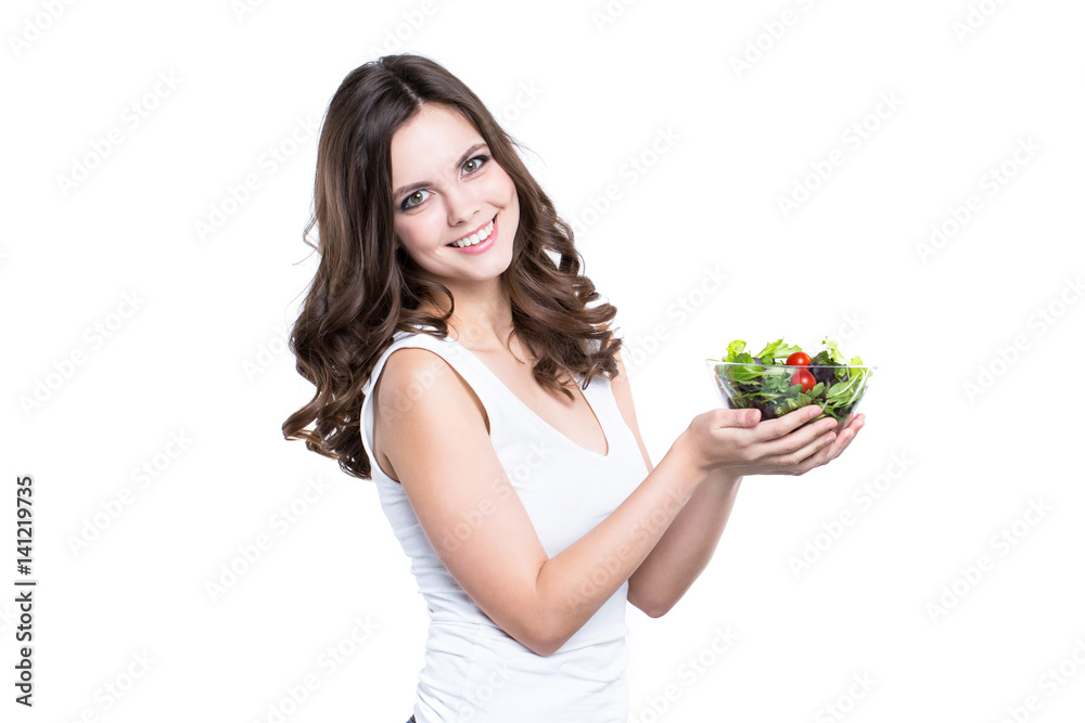Happy healthy woman with salad Isolated.