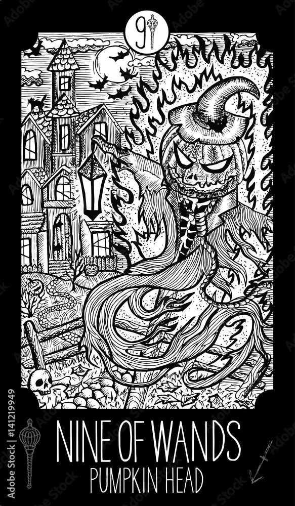 Obraz premium Nine of Wands. Pumpkin Head. Minor Arcana Tarot card. Fantasy engraved illustration. See all collection in my portfolio set