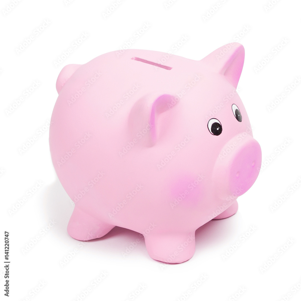 Pink ceramic piggy bank, isolated on white background