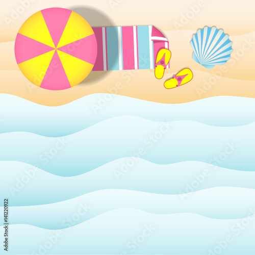 The sea shore with an umbrella and a towel is a top view. Beach. A square template for posters and flyers on the summer theme.