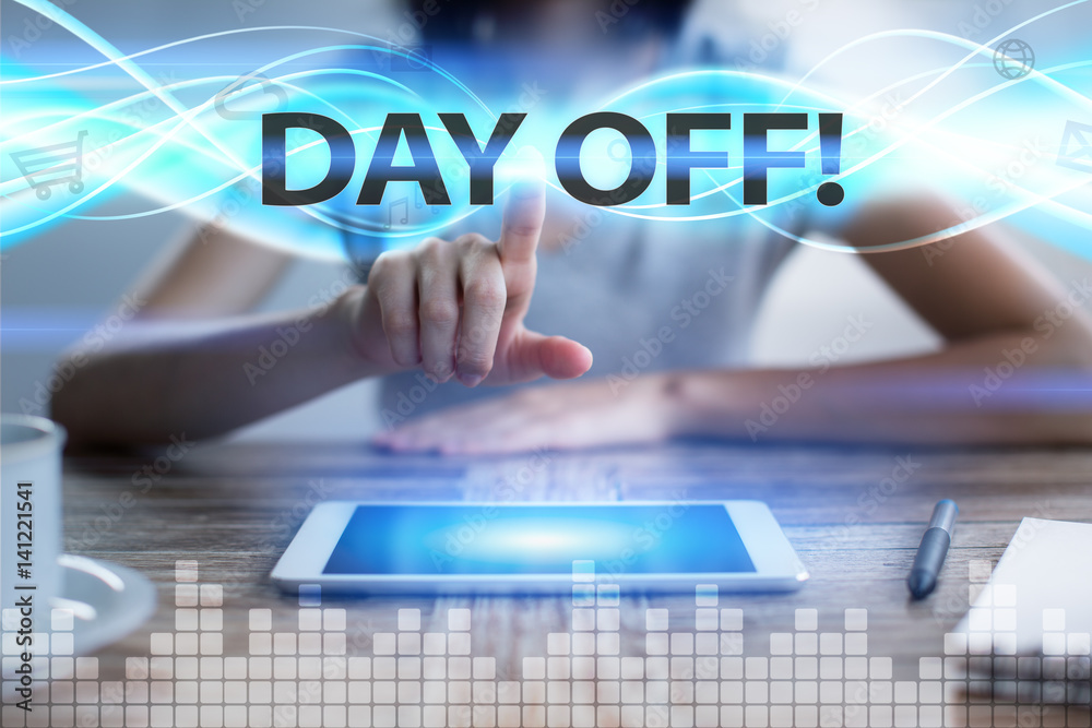 Woman using tablet pc, pressing on virtual screen and selecting day off!. Woman using tablet pc, pressing on virtual screen and selecting day off!.