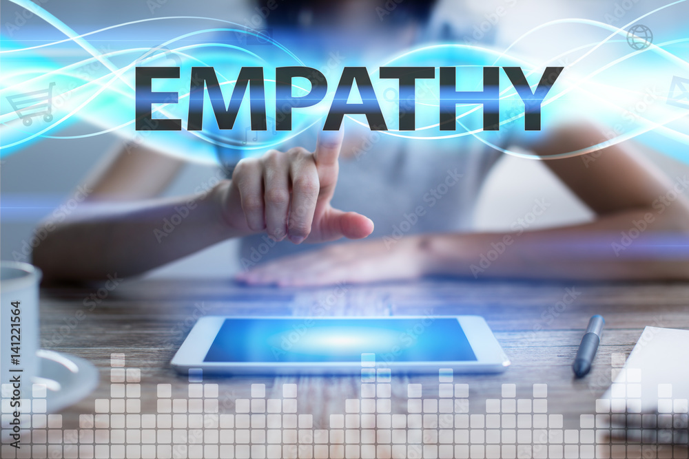 Woman using tablet pc, pressing on virtual screen and selecting empathy. Woman using tablet pc, pressing on virtual screen and selecting empathy.