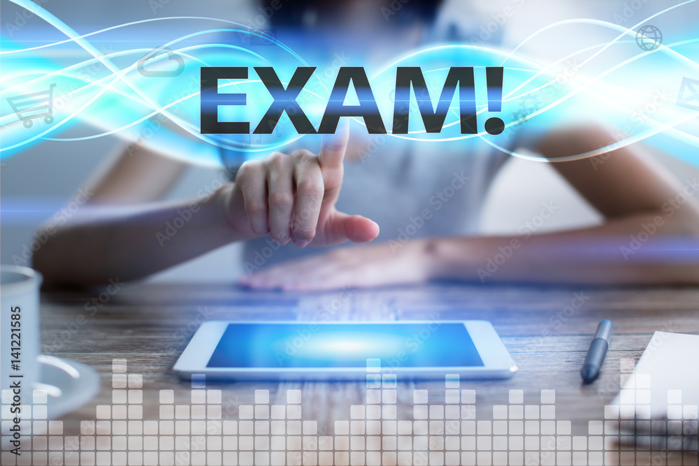 Woman using tablet pc, pressing on virtual screen and selecting exam!. Woman using tablet pc, pressing on virtual screen and selecting exam!.