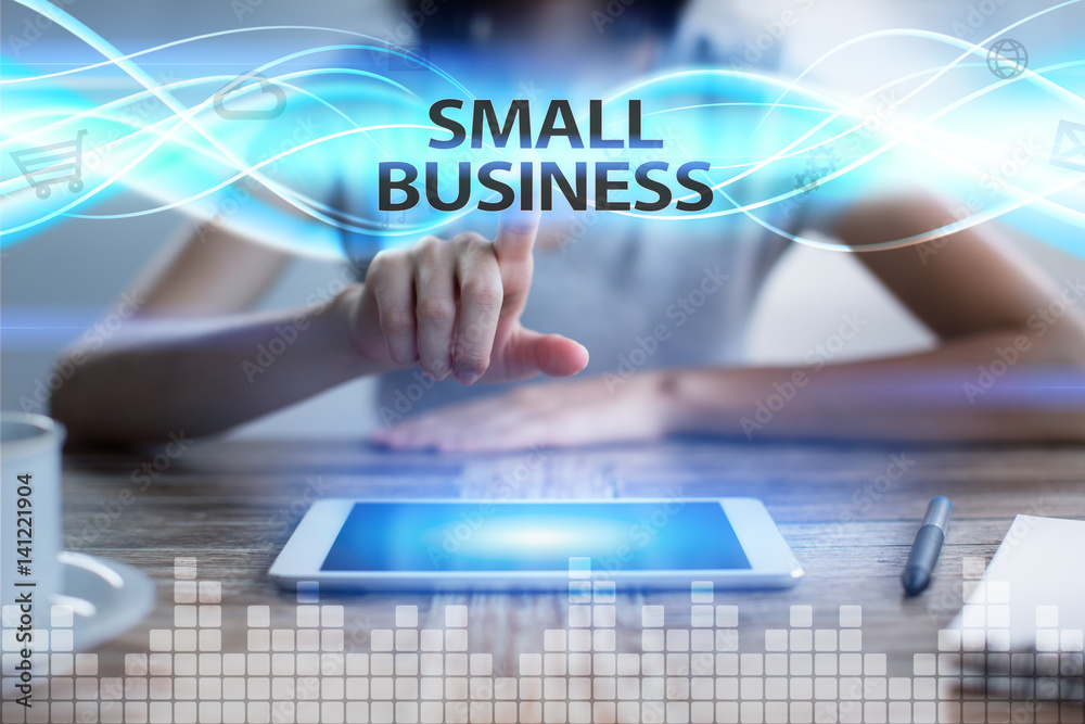 Woman using tablet pc, pressing on virtual screen and selecting small business. Woman using tablet pc, pressing on virtual screen and selecting small business.