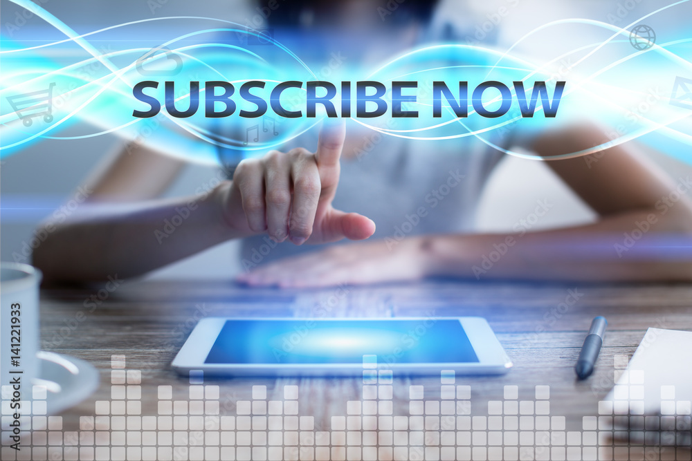 Woman using tablet pc, pressing on virtual screen and selecting subscribe now. Woman using tablet pc, pressing on virtual screen and selecting subscribe now.
