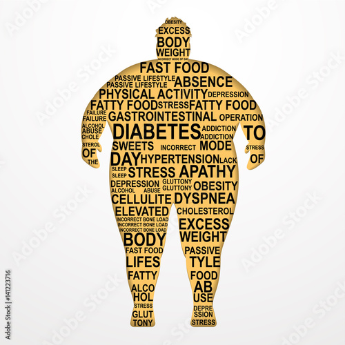 Obesity Vector illustration Causes and consequences of obesity Silhouette of a fat man with text composition on white background Poster template with text composition Paper art photo