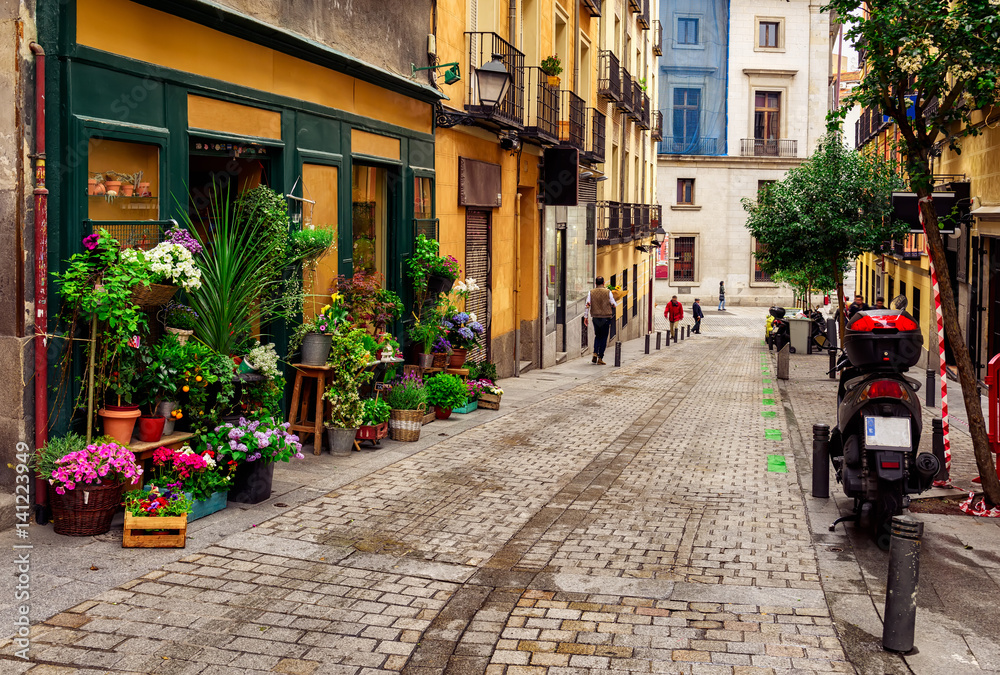 Fototapeta premium Stara ulica z kwiatami w Madrycie. Hiszpania