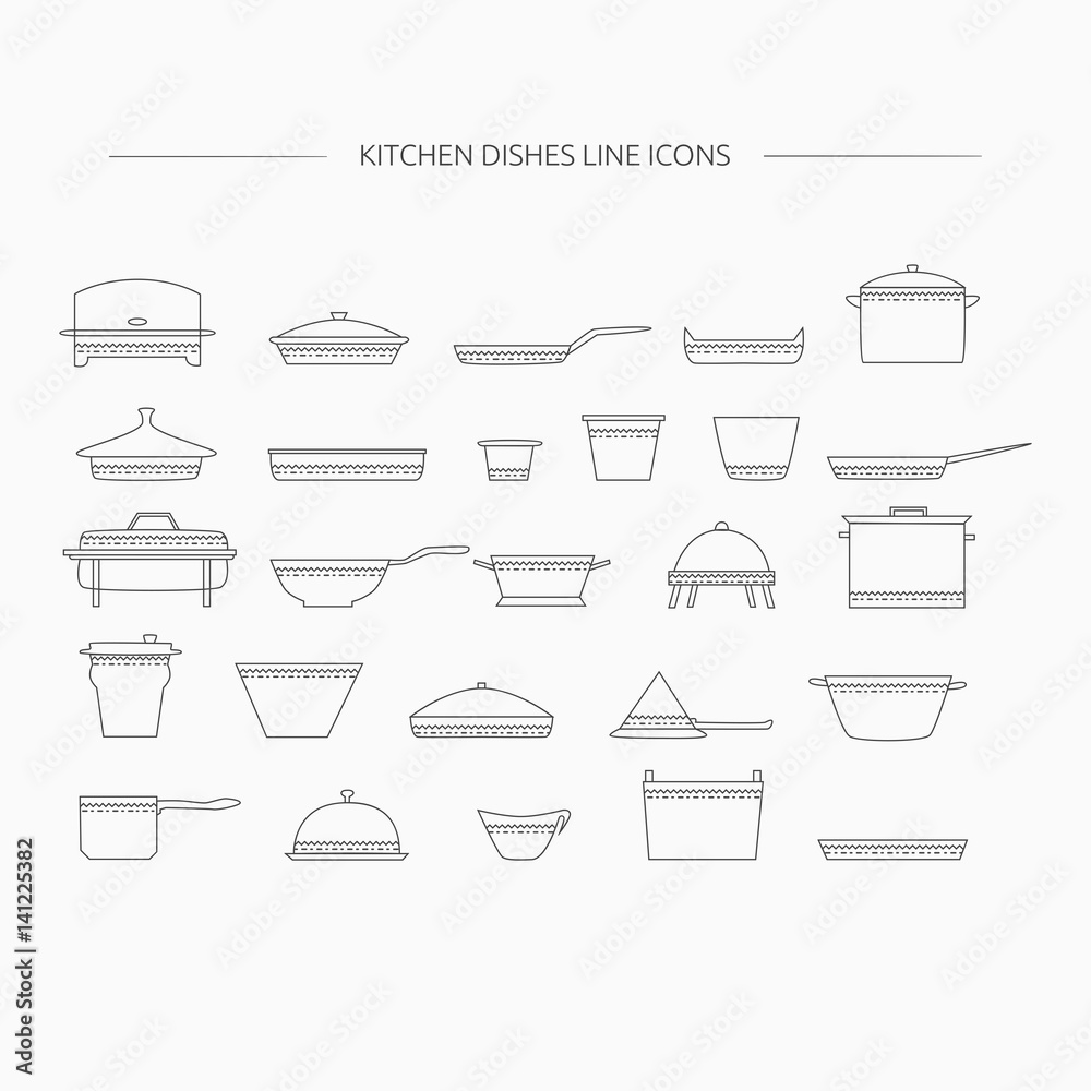 Kitchen dishes line icons. Kitchen dishes line icons.