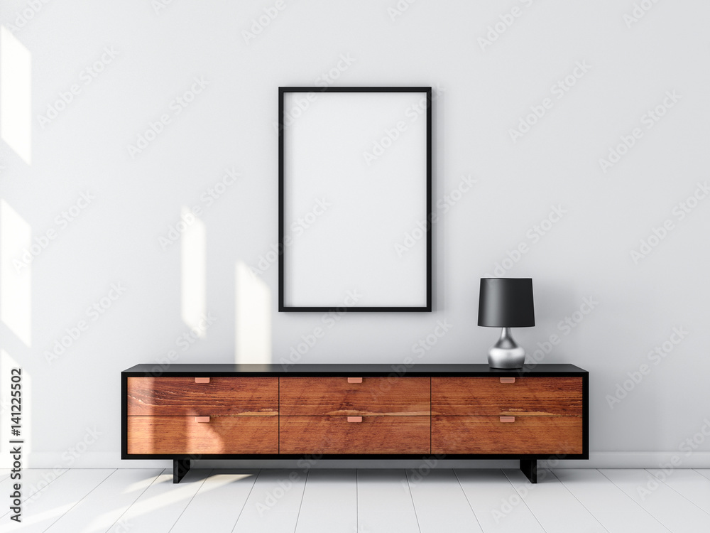Black Poster Frame Mockup hanging on the wall, modern bureau with Table  lamp. 3d rendering Stock Illustration | Adobe Stock