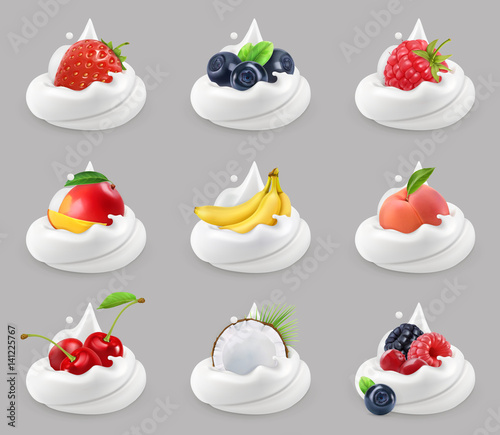 Whipped cream with fruits and berries, 3d vector icon set