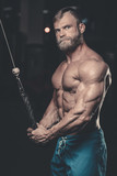 Brutal caucasian handsome fitness men on diet training triceps gym