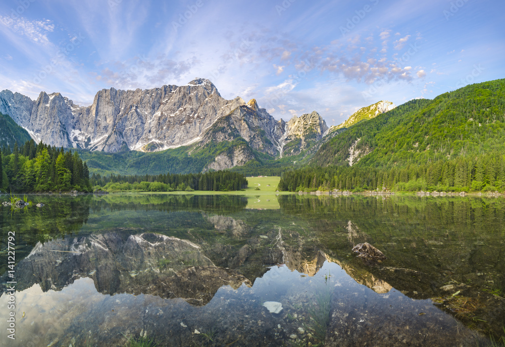 Mountain lake in the morning, Laghi di Fusine in the Julian Alps, Italy ...