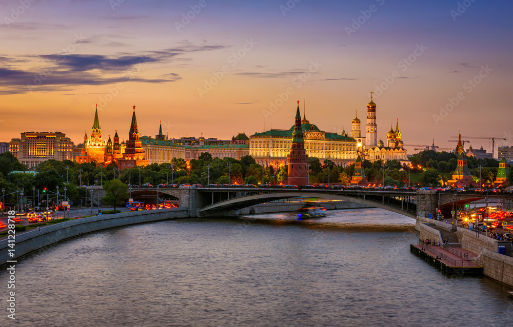 Night view of Moscow Kremlin and Moscow River in Moscow. Russia
