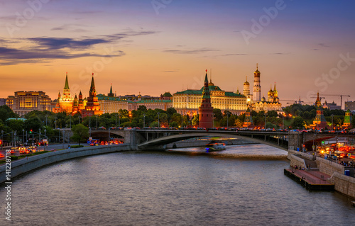 Night view of Moscow Kremlin and Moscow River in Moscow. Russia