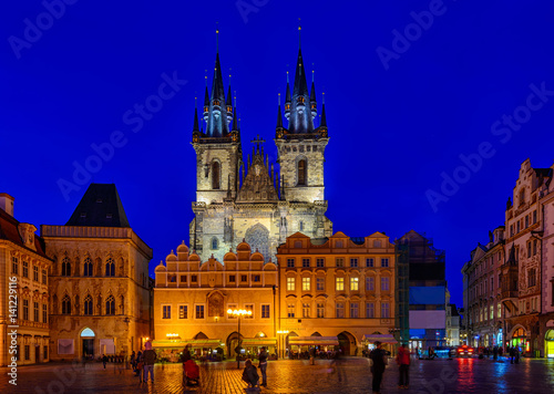 Night view of Old Town Square and Church of Mother of God before Tyn in Prague. Czech Republic.