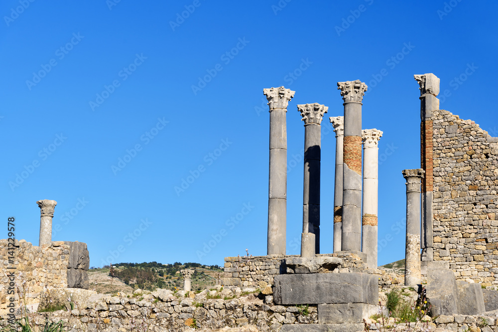 Capitoline Temple in Roman ruins, ancient Roman city of Volubilis. Morocco