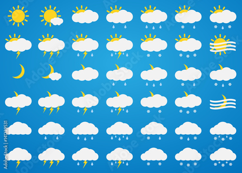 Vector weather icons set on blue background. Sun, clouds, rain, snow, fog, thunder, rainfall and snowfall icons isolated. Day and night weather icons.