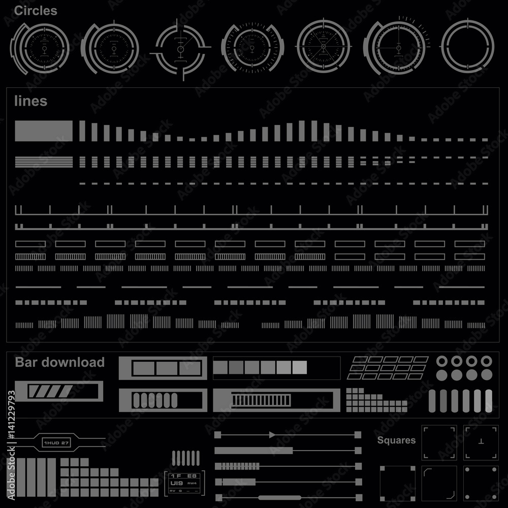 Futuristic black and white HUD, virtual touch user interface in flat design Futuristic black and white HUD, virtual touch user interface in flat design