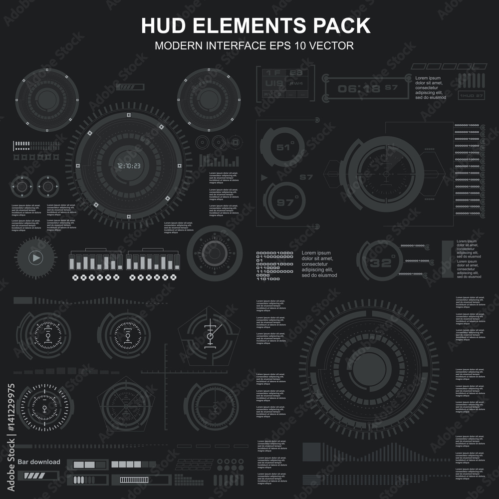 Futuristic black and white HUD, virtual touch user interface in flat design Futuristic black and white HUD, virtual touch user interface in flat design