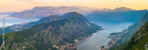 sunset over the bay of Kotor in Montenegro panorama of mountains, sea and fjord photo