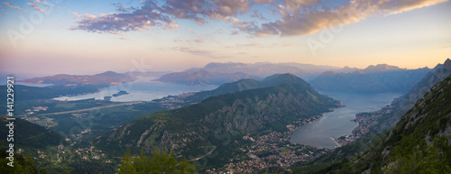 sunset over the bay of Kotor in Montenegro panorama of mountains  sea and fjord